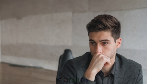 solo,short hair,blue eyes,brown hair,shirt,black hair,long sleeves,1boy,sitting,jacket,upper body,male focus,necktie,collared shirt,indoors,hand up,blurry,looking to the side,black shirt,blurry background,facial hair,chair,formal,suit,realistic,grey jacket,stubble,black jacket,depth of field,portrait,beard,covering mouth