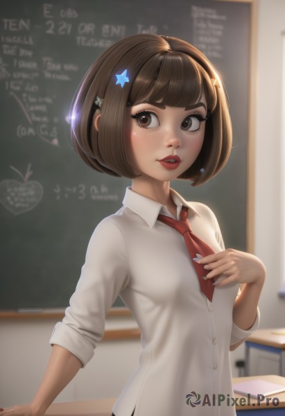 1girl,solo,breasts,blush,short hair,bangs,skirt,brown hair,shirt,hair ornament,long sleeves,brown eyes,school uniform,standing,white shirt,upper body,small breasts,parted lips,necktie,teeth,hairclip,collared shirt,artist name,indoors,blunt bangs,star (symbol),nail polish,blurry,english text,lips,fingernails,looking to the side,eyelashes,dress shirt,blurry background,looking away,bob cut,thick eyebrows,hand on own chest,red necktie,desk,sleeves rolled up,freckles,star hair ornament,nose,classroom,school desk,chalkboard,makeup