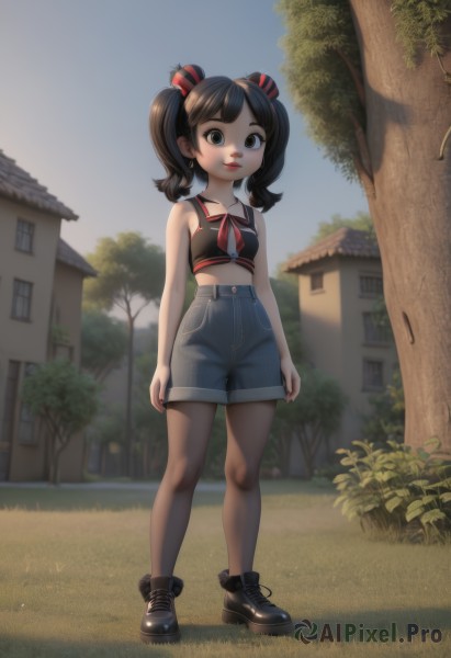 1girl,solo,breasts,looking at viewer,smile,bangs,brown hair,black hair,ribbon,bare shoulders,twintails,closed mouth,standing,full body,hair ribbon,pantyhose,small breasts,boots,outdoors,sky,shoes,shorts,sleeveless,day,midriff,black footwear,black eyes,tree,crop top,black pantyhose,bare arms,short shorts,makeup,tank top,grass,denim,building,child,blue shorts,denim shorts,brown pantyhose,red lips,ankle boots,legwear under shorts,house,blue eyes,shirt,jewelry,earrings,medium hair,nail polish,lips,black shirt,window,sleeveless shirt,black nails,female child,high-waist shorts