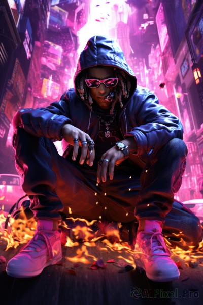 solo,looking at viewer,gloves,1boy,jewelry,sitting,jacket,full body,male focus,earrings,open clothes,shoes,glasses,pants,dark skin,hood,necklace,dark-skinned female,hoodie,tattoo,squatting,sunglasses,dark-skinned male,ring,fire,building,sneakers,hooded jacket,motor vehicle,hood up,watch,city,car,wristwatch,tinted eyewear,very dark skin,multiple rings,thumb ring,dreadlocks,lip piercing,pink-tinted eyewear,smile,shirt,black hair,long sleeves,hat,closed mouth,outdoors,tongue,artist name,tongue out,bracelet,open jacket,fingernails,petals,black shirt,facial hair,chain,black pants,piercing,white footwear,hood down,denim,blue jacket,ground vehicle,beard,blue headwear,smoke,backlighting,jeans,pink footwear,beanie,drawstring,road,on ground,pink theme,street,gold chain,patch