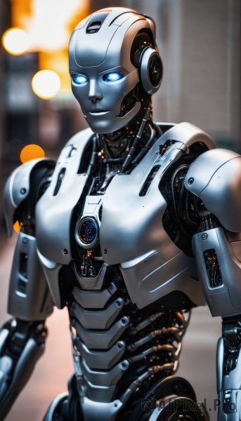 solo,looking at viewer,blue eyes,upper body,blurry,no humans,blurry background,glowing,robot,mecha,glowing eyes,1other,science fiction,realistic,android,joints,robot joints,lights,humanoid robot,1girl,mechanical parts