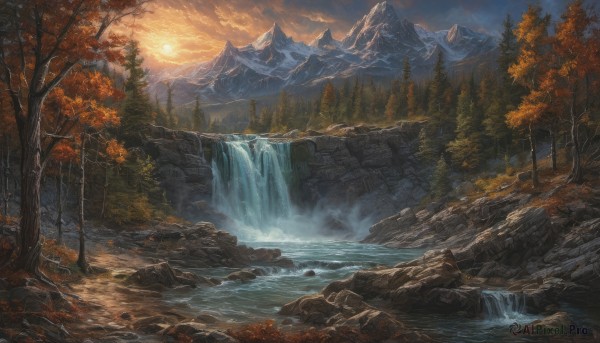 The beauty of a waterfall set in a calm sunset outdoors