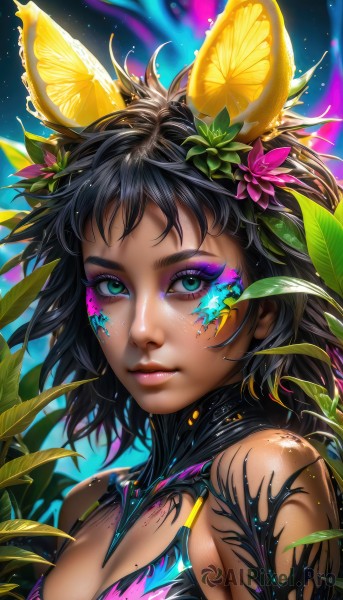 1girl,solo,breasts,looking at viewer,short hair,bangs,blue eyes,black hair,hair ornament,animal ears,cleavage,bare shoulders,medium breasts,closed mouth,green eyes,upper body,flower,shiny,artist name,signature,hair flower,dark skin,medium hair,mole,aqua eyes,dark-skinned female,lips,eyelashes,tattoo,makeup,glowing,leaf,watermark,facial mark,bug,plant,lipstick,butterfly,portrait,web address,eyeshadow,pink lips,nose,eyeliner,mascara,food,sleeveless,from side,fruit,messy hair,freckles,mole on breast,multicolored eyes,food-themed hair ornament,facepaint,colorful,lemon,paint splatter,lemon slice