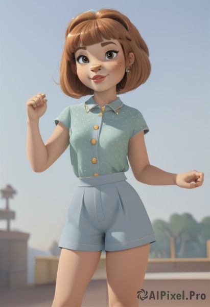 1girl,solo,breasts,looking at viewer,blush,smile,short hair,bangs,brown hair,shirt,brown eyes,jewelry,standing,short sleeves,cowboy shot,hairband,earrings,small breasts,outdoors,parted lips,sky,shorts,teeth,day,collared shirt,artist name,blunt bangs,medium hair,blurry,tree,blue sky,lips,short shorts,buttons,blurry background,bob cut,thick eyebrows,polka dot,blue shirt,clenched hands,freckles,blue shorts,green shirt,red lips,female child,shirt tucked in,high-waist shorts,polka dot shirt,nail polish,makeup