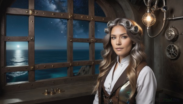 1girl,solo,long hair,looking at viewer,smile,brown hair,shirt,brown eyes,white shirt,upper body,sky,cloud,indoors,water,vest,lips,window,night,ocean,wavy hair,goggles,star (sky),night sky,starry sky,curly hair,goggles on head,realistic,nose,fantasy,brown vest,constellation,steampunk,hair ornament,scenery,candle,chandelier