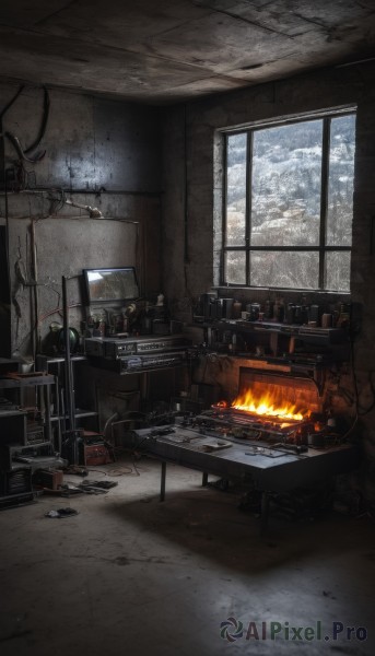 indoors,tree,cup,no humans,window,chair,table,bottle,fire,plant,box,scenery,snow,desk,potted plant,lamp,cable,computer,ruins,monitor,keyboard (computer),wire,stove,fireplace,sky,cloud,glass,broken glass