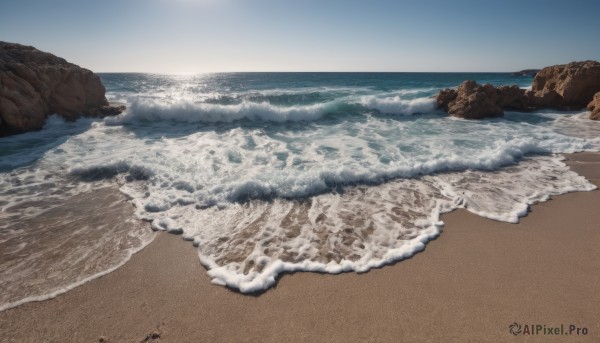 outdoors,sky,day,water,blue sky,no humans,ocean,beach,scenery,rock,sand,sun,horizon,waves,shore,footprints,signature