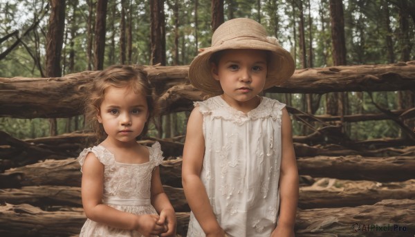 1girl,looking at viewer,short hair,blue eyes,multiple girls,blonde hair,brown hair,1boy,hat,dress,2girls,closed mouth,outdoors,sleeveless,white dress,tree,sleeveless dress,siblings,own hands together,child,nature,forest,freckles,twins,realistic,straw hat,male child,brown eyes,parody,baby