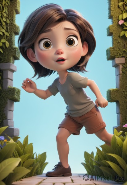 1girl,solo,looking at viewer,blush,smile,short hair,open mouth,brown hair,shirt,brown eyes,full body,white shirt,flower,short sleeves,outdoors,parted lips,sky,shoes,shorts,teeth,day,artist name,black footwear,blue sky,lips,leaf,upper teeth only,thick eyebrows,plant,t-shirt,child,grey shirt,freckles,pocket,running,female child,brown shorts,bangs,standing,blue shirt,nose