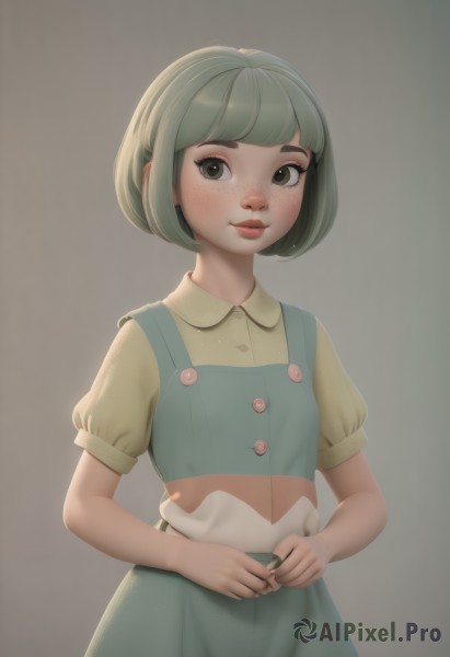 1girl,solo,looking at viewer,blush,smile,short hair,bangs,simple background,shirt,dress,brown eyes,closed mouth,standing,short sleeves,cowboy shot,green hair,puffy sleeves,collared shirt,artist name,blunt bangs,grey background,puffy short sleeves,lips,buttons,bob cut,thick eyebrows,freckles,green dress,yellow shirt,nose,pinafore dress,skirt,green eyes,upper body,own hands together,green skirt,realistic