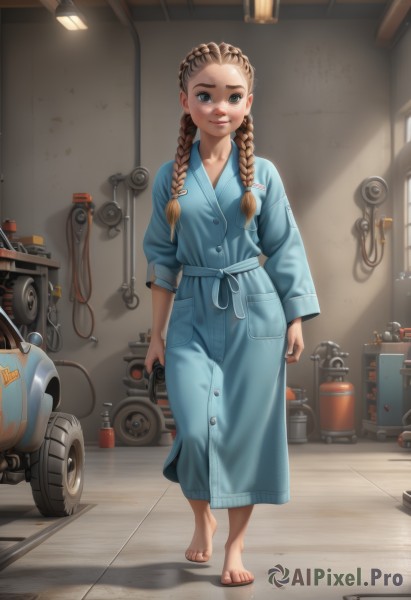 1girl,solo,long hair,looking at viewer,smile,blue eyes,blonde hair,brown hair,long sleeves,twintails,closed mouth,standing,full body,braid,barefoot,indoors,twin braids,feet,lips,toes,sandals,hair over shoulder,forehead,freckles,realistic,tiles,dirty,wrench,hospital gown,bathrobe,breasts,belt,artist name,thick eyebrows,robe,nose