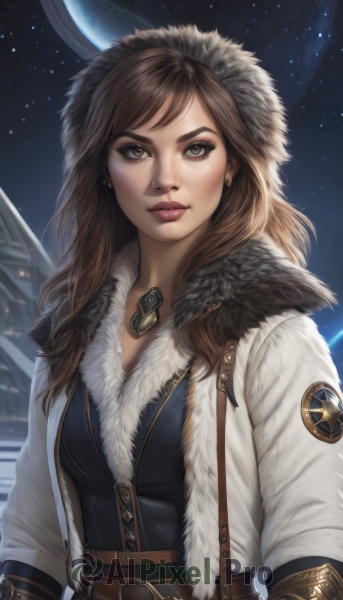 1girl,solo,long hair,breasts,looking at viewer,bangs,brown hair,brown eyes,jewelry,medium breasts,closed mouth,jacket,upper body,earrings,open clothes,sky,belt,signature,hood,necklace,star (symbol),lips,coat,fur trim,eyelashes,makeup,night,moon,thick eyebrows,star (sky),buckle,pendant,starry sky,freckles,belt buckle,realistic,nose,stud earrings,eyeliner,space,planet,earth (planet),parka,long sleeves,artist name,open jacket,white jacket,night sky,white coat,brown belt