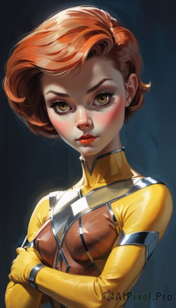 1girl,solo,breasts,looking at viewer,blush,short hair,simple background,brown hair,gloves,brown eyes,closed mouth,yellow eyes,upper body,small breasts,shiny,orange hair,lips,eyelashes,bodysuit,makeup,crossed arms,lipstick,skin tight,freckles,nose,red lips,yellow bodysuit,shiny clothes,realistic,red bodysuit,yellow gloves,multicolored bodysuit