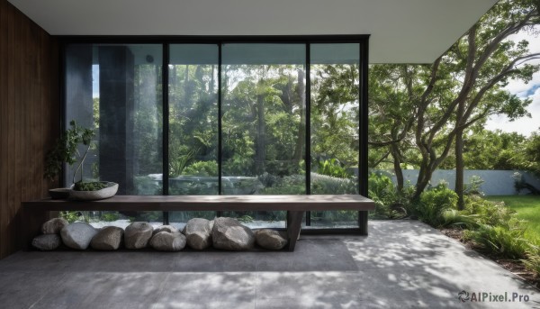 outdoors,sky,day,cloud,tree,no humans,window,shadow,sunlight,grass,plant,nature,scenery,forest,wooden floor,rock,bush,shade,wall,architecture,east asian architecture,indoors,water,blue sky,table,potted plant,sliding doors