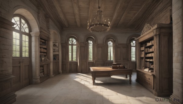 day,indoors,book,no humans,window,shadow,chair,table,sunlight,scenery,light rays,wooden floor,stairs,door,bookshelf,candle,architecture,pillar,book stack,statue,library,ceiling,carpet,church,arch,candlestand,chandelier,desk