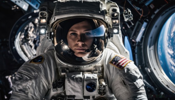 1girl,solo,looking at viewer,blue eyes,brown hair,closed mouth,upper body,blurry,lips,helmet,reflection,science fiction,realistic,space,planet,earth (planet),american flag,spacesuit,japanese flag,space helmet,astronaut,1boy,serious,pilot suit,spacecraft,cockpit