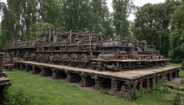 outdoors,day,tree,military,no humans,grass,ground vehicle,nature,scenery,motor vehicle,forest,military vehicle,tank,vehicle focus,caterpillar tracks,world war ii,overgrown,gun,turret,cannon,ruins,machine gun