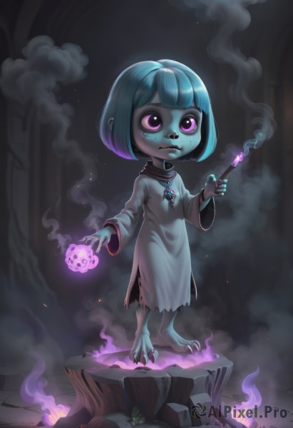 1girl,solo,short hair,bangs,long sleeves,dress,holding,jewelry,closed mouth,blue hair,standing,purple eyes,full body,multicolored hair,green hair,barefoot,artist name,signature,wide sleeves,blunt bangs,pink eyes,necklace,nail polish,white dress,torn clothes,aqua hair,gradient hair,colored skin,watermark,bob cut,fire,monster girl,child,web address,pendant,smoke,freckles,skull,ghost,robe,wand,female child,magic,bags under eyes,grey skin,torn dress,fewer digits,holding stick,stone floor,purple hair,bracelet,two-tone hair,book,frown,claws,bangle,candle,digitigrade