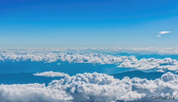 monochrome,outdoors,sky,day,cloud,blue sky,no humans,ocean,cloudy sky,scenery,blue theme,mountain,horizon,landscape,above clouds,water