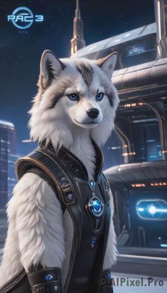 solo,looking at viewer,blue eyes,1boy,jewelry,closed mouth,upper body,male focus,outdoors,sky,artist name,vest,no humans,copyright name,night,animal,building,gem,star (sky),night sky,furry,starry sky,science fiction,logo,white fur,animal ears,furry male,wolf