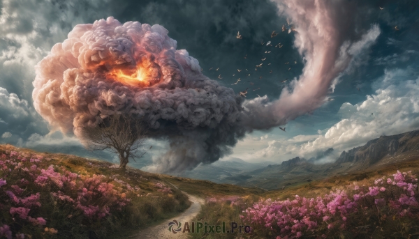 flower, outdoors, sky, cloud, tree, no humans, bird, cloudy sky, fire, nature, scenery, mountain, field, landscape