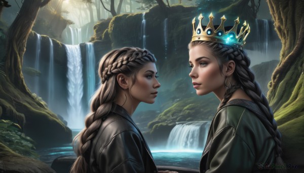 long hair,blue eyes,multiple girls,blonde hair,brown hair,black hair,dress,2girls,brown eyes,jewelry,upper body,braid,earrings,outdoors,artist name,signature,water,armor,looking at another,from side,tree,lips,single braid,profile,glowing,siblings,sunlight,crown,sisters,nature,eye contact,dual persona,forest,green dress,twins,realistic,nose,fantasy,waterfall,river