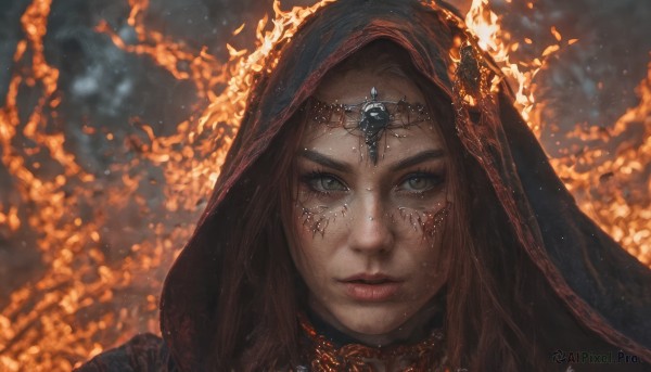 1girl,solo,long hair,looking at viewer,brown hair,brown eyes,jewelry,closed mouth,red hair,artist name,hood,necklace,blurry,lips,grey eyes,eyelashes,blurry background,facial mark,fire,gem,portrait,veil,freckles,circlet,realistic,nose,burning,head chain,yellow eyes