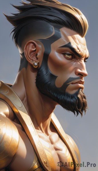 solo,short hair,simple background,black hair,1boy,brown eyes,jewelry,closed mouth,collarbone,upper body,male focus,earrings,dark skin,grey background,armor,from side,lips,gradient,looking to the side,gradient background,muscular,facial hair,scar,dark-skinned male,pectorals,muscular male,portrait,beard,mature male,realistic,nose,mustache,manly,yellow eyes,blue background,piercing,thick eyebrows,ear piercing,bara,scar on face,scar across eye,very short hair,undercut,pectoral cleavage,mohawk