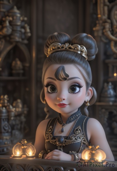 1girl,solo,looking at viewer,smile,bangs,brown hair,black hair,hair ornament,dress,bare shoulders,brown eyes,jewelry,closed mouth,upper body,grey hair,earrings,sleeveless,artist name,indoors,necklace,hair bun,blurry,black eyes,black dress,bracelet,lips,grey eyes,eyelashes,double bun,makeup,sleeveless dress,depth of field,blurry background,single hair bun,tiara,crown,lipstick,gem,child,eyeshadow,gold trim,red lips,female child,gold,eyeliner