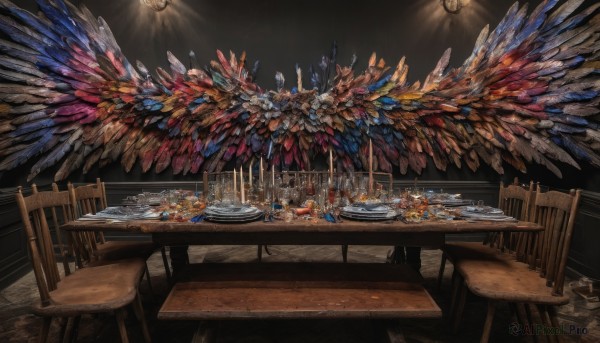 wings,indoors,no humans,chair,table,gem,scenery,plate,crystal,wooden floor,fantasy,light,chandelier,wooden chair,sitting,food,cup,feathers,black background,feathered wings,light rays,candle,wooden table,tablecloth