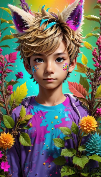 solo,looking at viewer,short hair,blonde hair,brown hair,shirt,1boy,animal ears,brown eyes,closed mouth,jacket,upper body,flower,male focus,open clothes,artist name,black eyes,lips,leaf,blue background,facial mark,blue shirt,plant,androgynous,freckles,yellow flower,purple flower,purple shirt,purple jacket,colorful,paint splatter,paint,paint splatter on face,blue eyes,fake animal ears,watermark,child,web address,extra ears,nose,male child,dirty,splatter