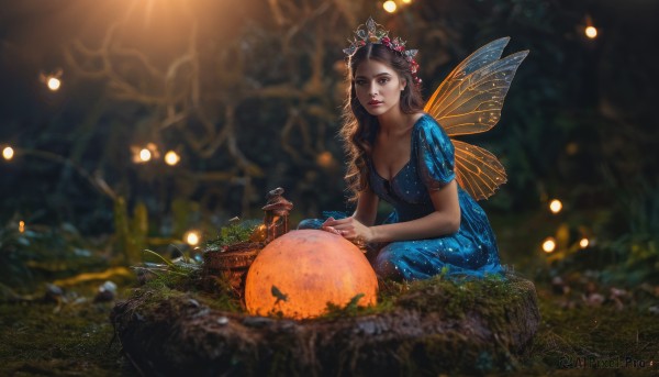 1girl,solo,long hair,breasts,looking at viewer,blue eyes,brown hair,hair ornament,dress,cleavage,brown eyes,jewelry,medium breasts,sitting,closed mouth,collarbone,flower,short sleeves,outdoors,wings,puffy sleeves,artist name,signature,hair flower,blurry,tree,puffy short sleeves,lips,fruit,depth of field,blurry background,blue dress,grass,bug,tiara,crown,plant,nature,forest,minigirl,realistic,nose,fantasy,fairy wings,fairy,head wreath,mushroom,butterfly wings,moss,night,light particles,jack-o'-lantern,pumpkin