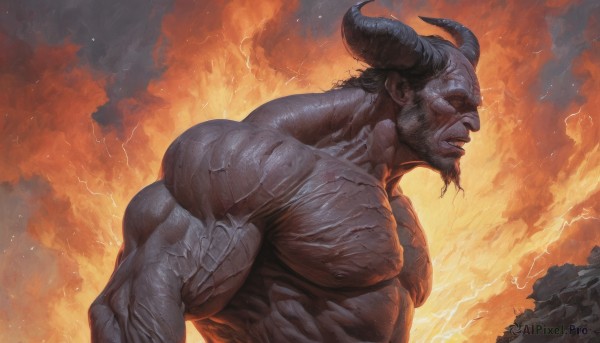 A male in a picturesque fiery dynamic scene