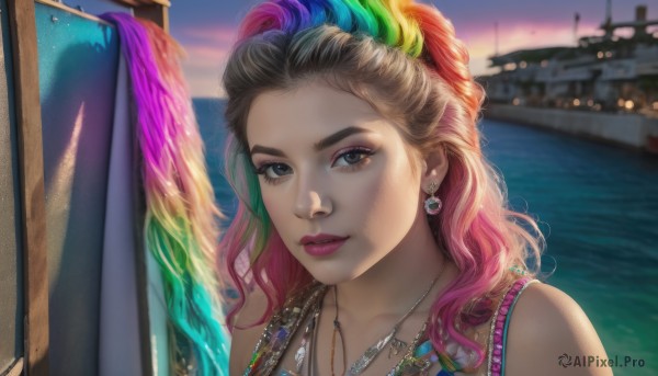 1girl,solo,long hair,looking at viewer,blonde hair,brown hair,black hair,hair ornament,bare shoulders,brown eyes,jewelry,closed mouth,upper body,pink hair,purple hair,multicolored hair,earrings,outdoors,sleeveless,water,necklace,blurry,two-tone hair,lips,eyelashes,gradient hair,makeup,blurry background,ocean,wavy hair,feathers,lipstick,portrait,eyeshadow,pink lips,realistic,nose,red lips,watercraft,paintbrush,ship,boat,mascara,painting (action),rainbow hair,parted lips,green hair,sky,artist name,signature,sunset