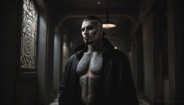 solo,looking at viewer,black hair,1boy,jewelry,nipples,jacket,upper body,male focus,earrings,open clothes,indoors,blurry,coat,tattoo,makeup,muscular,facial hair,piercing,abs,pectorals,black coat,goatee,nipple piercing,chest tattoo,black lips,short hair,navel,closed mouth,dark skin,stomach,open jacket,black jacket,window,dark-skinned male,muscular male,bara,beard,large pectorals,open coat,mature male,very short hair,bare pectorals,facial tattoo,stomach tattoo,buzz cut