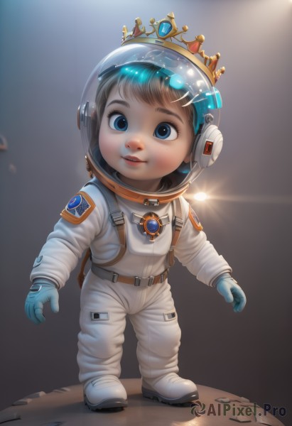 1girl,solo,looking at viewer,smile,short hair,blue eyes,brown hair,gloves,standing,full body,parted lips,lips,helmet,crown,child,freckles,science fiction,realistic,blue gloves,female child,spacesuit,space helmet,astronaut,1boy,male focus,teeth,headset,space,male child