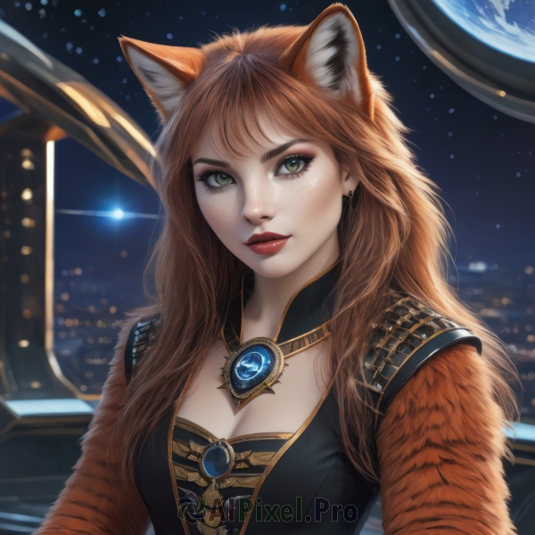 1girl,solo,long hair,breasts,looking at viewer,bangs,brown hair,animal ears,cleavage,jewelry,medium breasts,green eyes,upper body,earrings,sky,artist name,cat ears,orange hair,lips,fox ears,makeup,night,lipstick,brooch,gem,star (sky),freckles,red lips,space,planet,earth (planet),closed mouth,necklace,eyelashes,animal print,realistic,nose