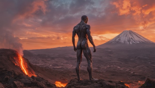 solo, 1boy, standing, male focus, outdoors, sky, cloud, from behind, bodysuit, fire, science fiction, sunset, mountain, molten rock