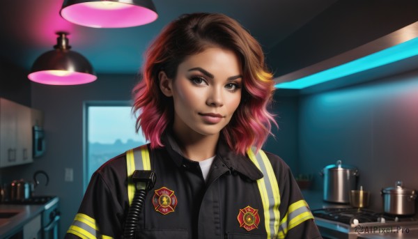 1girl,solo,looking at viewer,smile,short hair,blonde hair,brown hair,shirt,brown eyes,closed mouth,jacket,upper body,pink hair,multicolored hair,indoors,medium hair,black eyes,two-tone hair,lips,black jacket,gradient hair,makeup,realistic,nose,badge,ceiling light,blurry,uniform,depth of field,blurry background,wavy hair,lipstick,eyeshadow