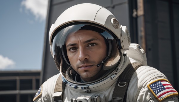 solo,looking at viewer,black hair,1boy,brown eyes,closed mouth,upper body,male focus,outdoors,sky,day,cloud,dark skin,blurry,blue sky,depth of field,blurry background,facial hair,helmet,portrait,beard,realistic,stubble,american flag,spacesuit,astronaut,brown hair,lips,expressionless,headset,serious,flag print,space helmet,united states,american flag print