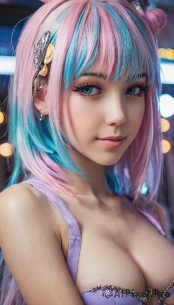 1girl,solo,long hair,breasts,looking at viewer,bangs,blue eyes,large breasts,hair ornament,cleavage,bare shoulders,jewelry,medium breasts,closed mouth,underwear,blue hair,collarbone,upper body,pink hair,multicolored hair,earrings,bra,blurry,two-tone hair,lips,eyelashes,aqua hair,makeup,blurry background,piercing,ear piercing,o-ring,eyeshadow,realistic,nose,mascara,artist name,streaked hair