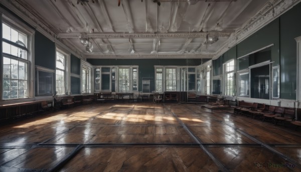 day,indoors,no humans,window,shadow,chair,table,sunlight,scenery,light rays,wooden floor,stairs,door,bench,sunbeam,school,floor,ceiling,hallway,ceiling light,reflective floor,desk,reflection,tiles,classroom,tile floor,chalkboard