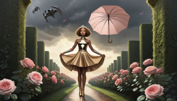 1girl,solo,short hair,black hair,dress,bare shoulders,jewelry,closed eyes,flower,pantyhose,sky,cloud,dark skin,dark-skinned female,rose,umbrella,pink flower,skirt hold,parasol,ruins,pink rose,very dark skin,curtsey,smile,brown hair,hat,standing,full body,outdoors,choker,necklace,white dress,bracelet,lips,rain,curly hair,watson cross,afro