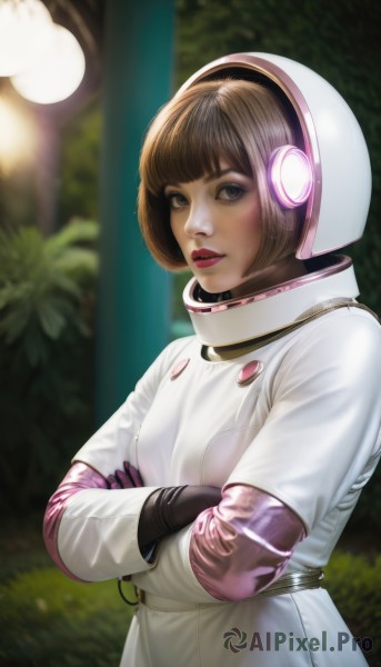 1girl,solo,looking at viewer,short hair,bangs,brown hair,gloves,brown eyes,standing,upper body,outdoors,parted lips,teeth,black gloves,artist name,signature,blunt bangs,blurry,tree,lips,makeup,blurry background,crossed arms,bob cut,helmet,science fiction,realistic,nose,bush,spacesuit,space helmet,astronaut,breasts,long sleeves,bodysuit,headphones,plant,lipstick,pink gloves