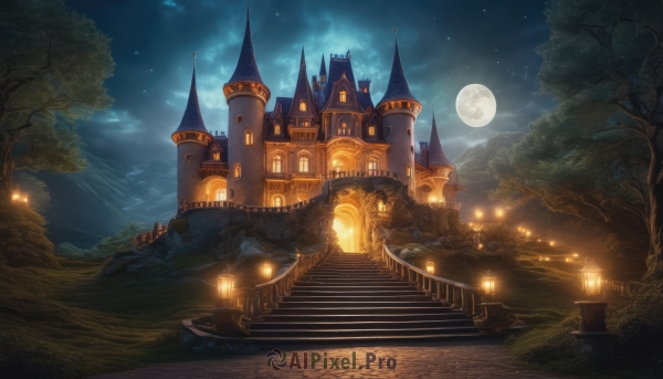 outdoors,sky,cloud,tree,no humans,night,moon,cloudy sky,grass,building,star (sky),nature,night sky,scenery,full moon,forest,starry sky,lantern,stairs,mountain,fantasy,road,castle,tower,path,candle,bridge,moonlight