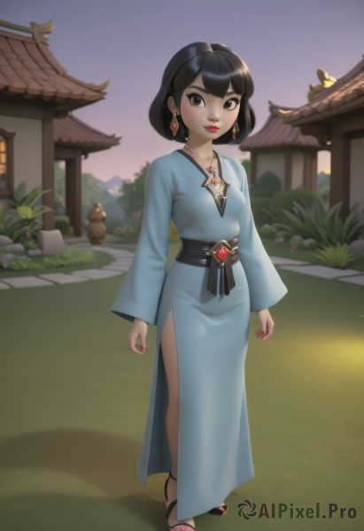 1girl,solo,breasts,looking at viewer,smile,short hair,bangs,black hair,long sleeves,dress,brown eyes,jewelry,closed mouth,standing,collarbone,full body,earrings,small breasts,outdoors,japanese clothes,sky,day,artist name,wide sleeves,kimono,necklace,nail polish,black footwear,lips,sash,makeup,toes,blue dress,shadow,obi,sandals,grass,lipstick,building,gem,pink nails,side slit,pendant,walking,toenails,arms at sides,blue kimono,toenail polish,red lips,architecture,house,east asian architecture,parted lips,tree,eyelashes,bird,plant,red nails,nose,bush,path,garden