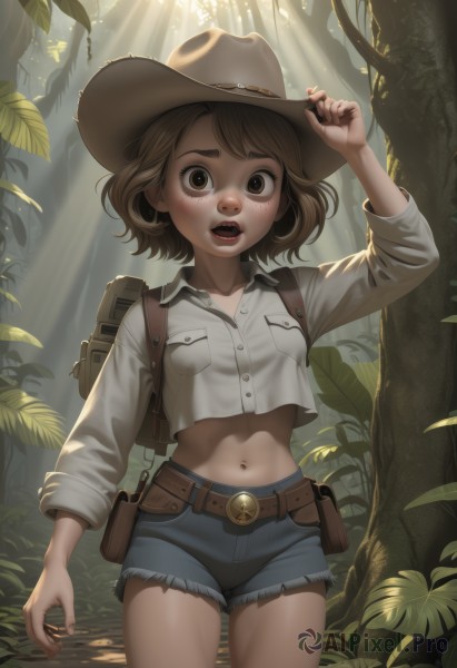 1girl,solo,breasts,looking at viewer,short hair,open mouth,brown hair,shirt,long sleeves,hat,navel,brown eyes,standing,white shirt,cowboy shot,small breasts,outdoors,shorts,teeth,day,midriff,collared shirt,belt,bag,arm up,tree,lips,crop top,short shorts,buttons,leaf,sunlight,backpack,plant,denim,nature,buckle,forest,backlighting,freckles,denim shorts,pocket,pouch,light rays,wide-eyed,belt buckle,hand on headwear,brown belt,breast pocket,sunbeam,cutoffs,dappled sunlight,cowboy hat,brown bag,blush,blue shorts,crop top overhang