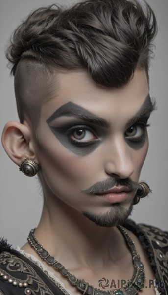 solo,looking at viewer,simple background,black hair,1boy,brown eyes,jewelry,closed mouth,male focus,earrings,dark skin,grey background,necklace,black eyes,lips,makeup,facial hair,thick eyebrows,portrait,beard,realistic,nose,mustache,goatee,facepaint,close-up