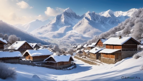 A landscape portrayed in a inviting snowy day