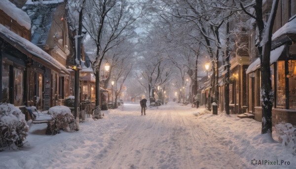 1boy, outdoors, tree, night, ground vehicle, building, scenery, snow, snowing, winter clothes, road, winter, lamppost, bare tree, street